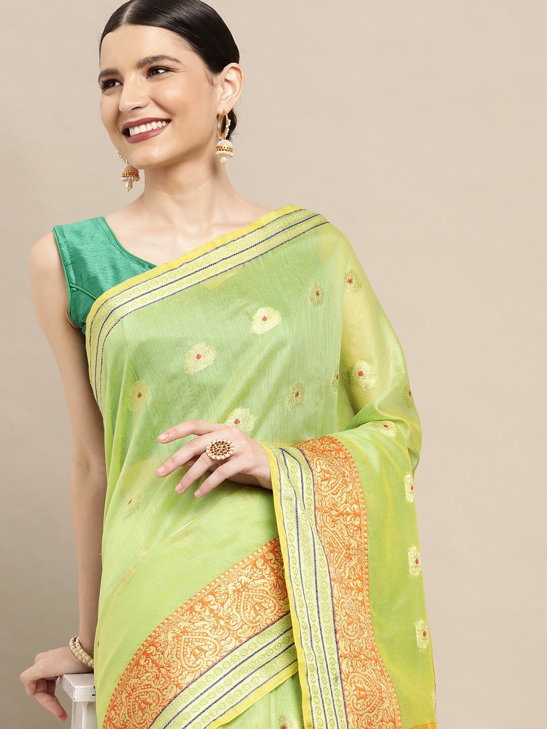 

Leeza Store Green Ethnic Motifs Woven Design Zari Banarasi Saree