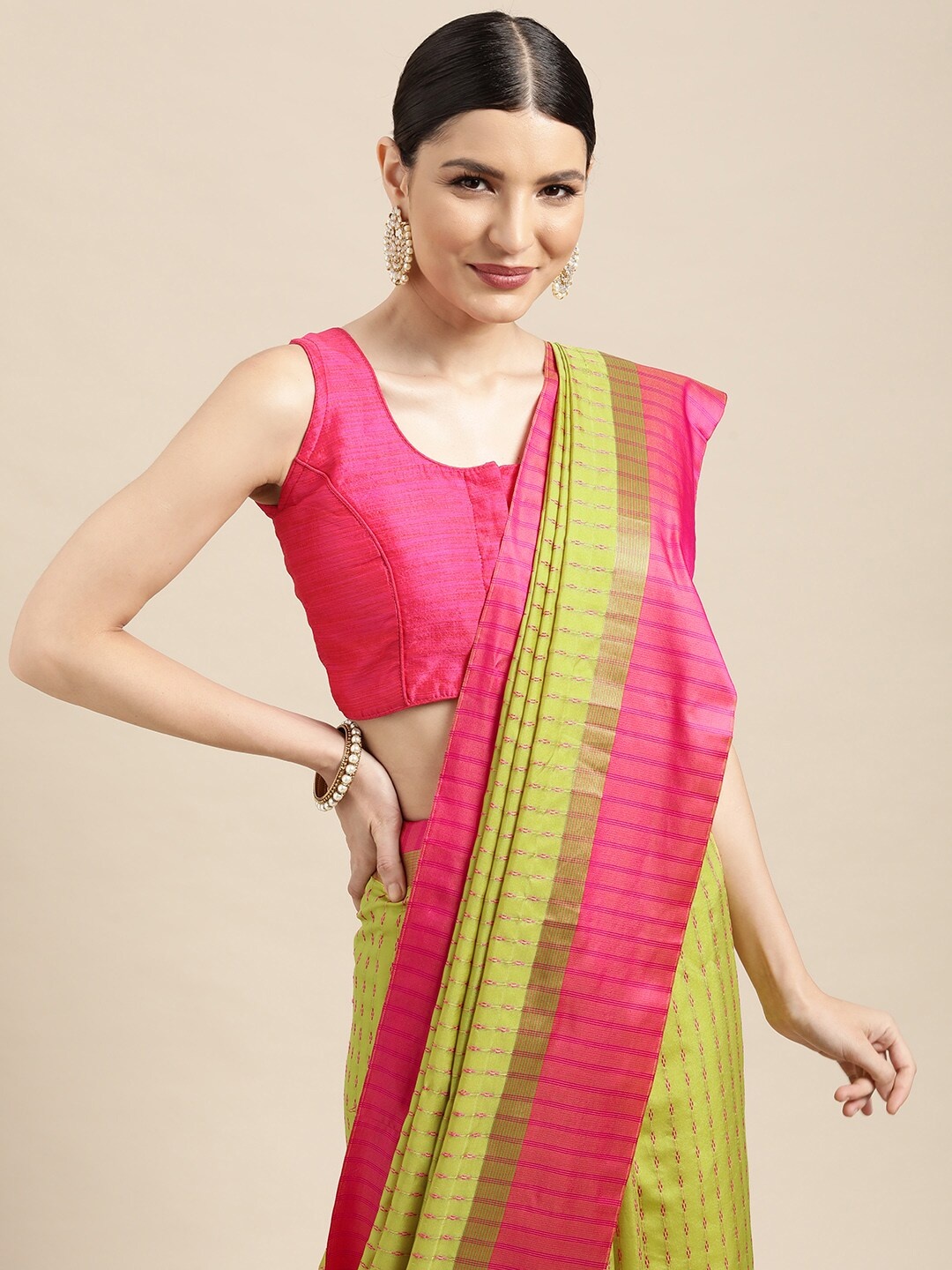 

Leeza Store Green & Pink Striped Woven Design Zari Silk Blend Banarasi Saree