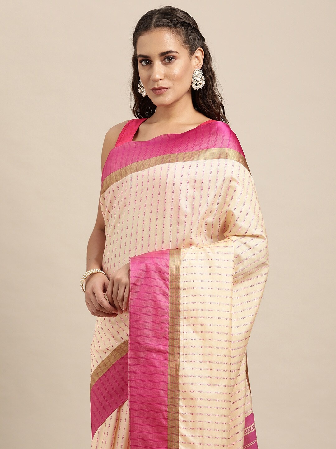 

Leeza Store Beige & Pink Striped Zari Silk Blend Saree