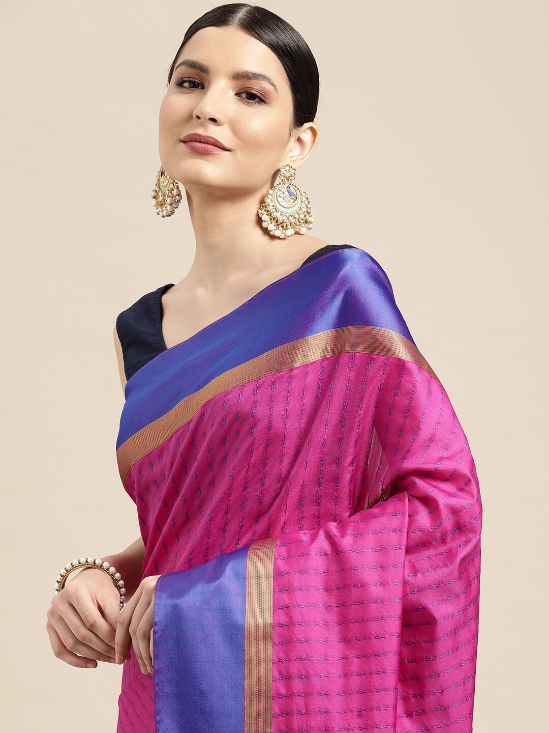 

Leeza Store Pink & Navy Blue Woven Design Zari Silk Blend Banarasi Saree