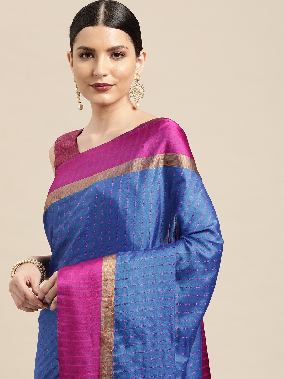 

Leeza Store Blue & Pink Striped Zari Silk Blend Saree
