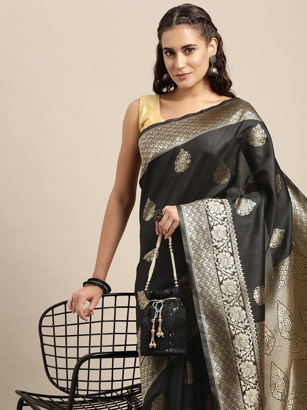 

Leeza Store Black & Golden Ethnic Motifs Zari Silk Blend Banarasi Saree