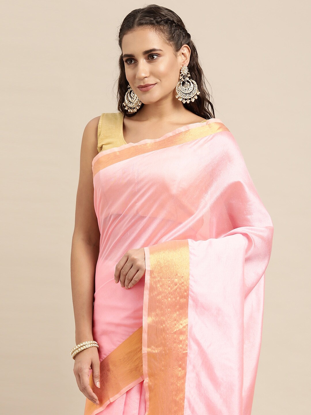 

Leeza Store Pink & Golden Zari Kasavu Saree