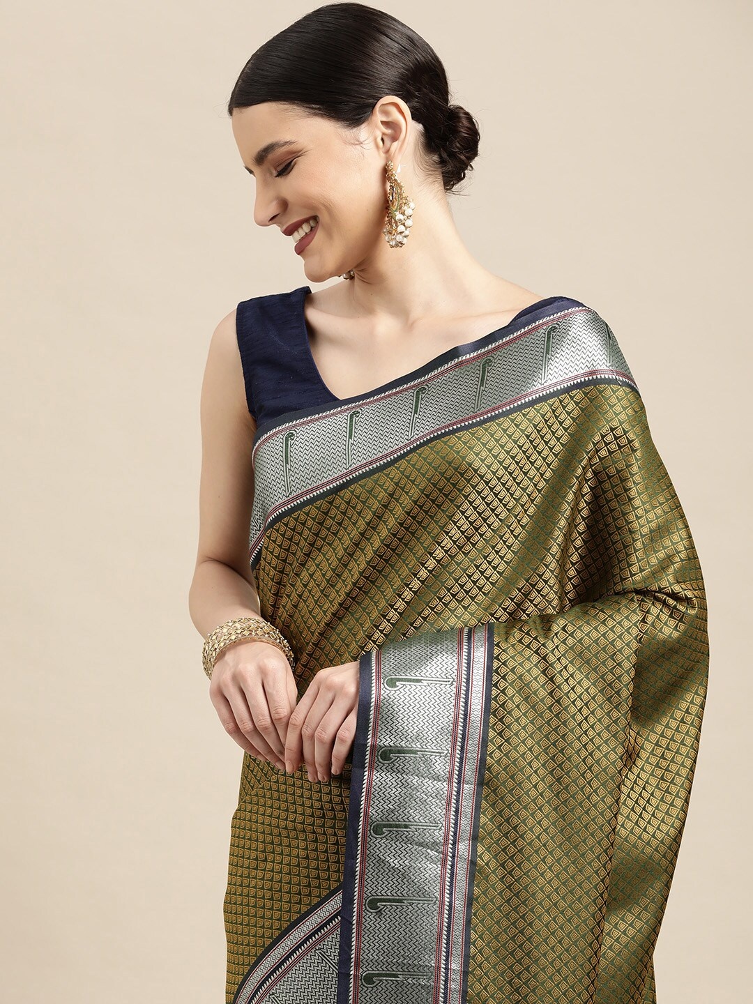 

Leeza Store Olive Green & Silver Ethnic Motifs Woven Design Zari Silk Blend Banarasi Saree