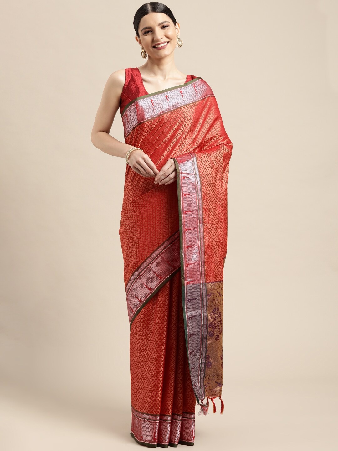 

Leeza Store Red Ethnic Motifs Woven Design Zari Silk Blend Banarasi Saree