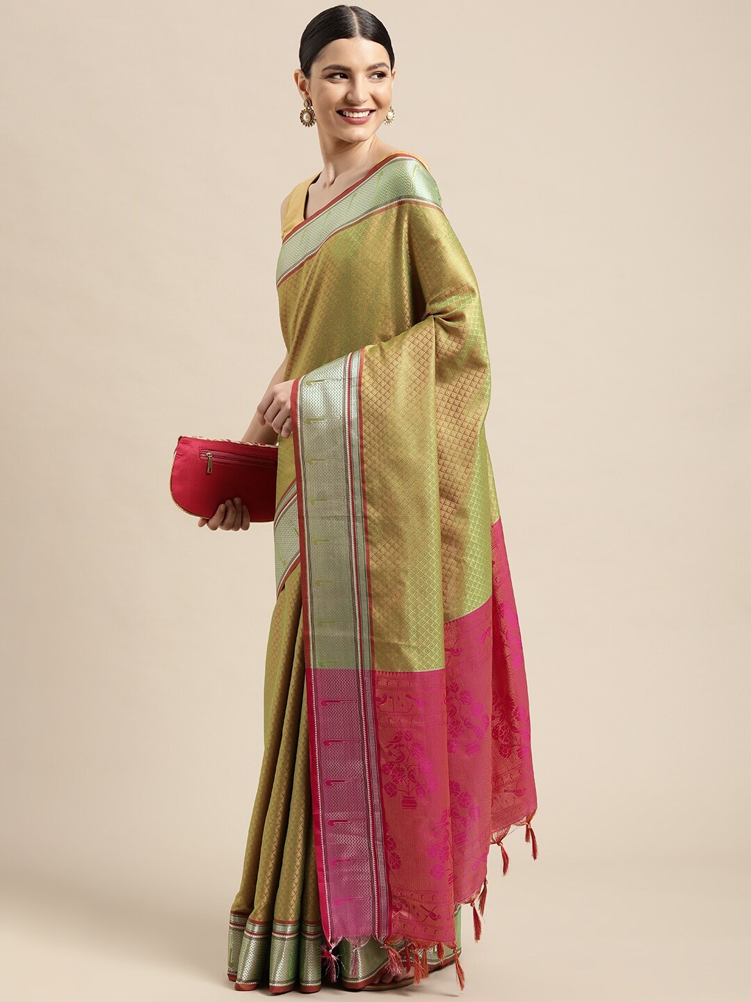 

Leeza Store Green & Pink Ethnic Motifs Woven Design Zari Silk Blend Banarasi Saree