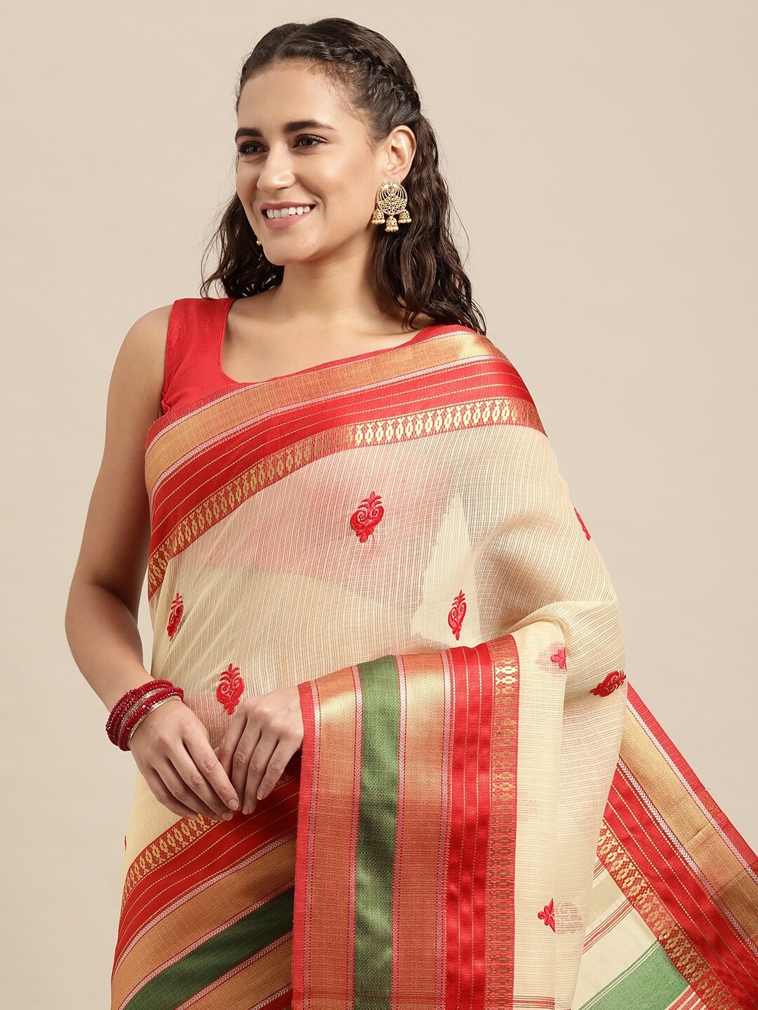 

Leeza Store White & Red Ethnic Motifs Zari Kota Saree