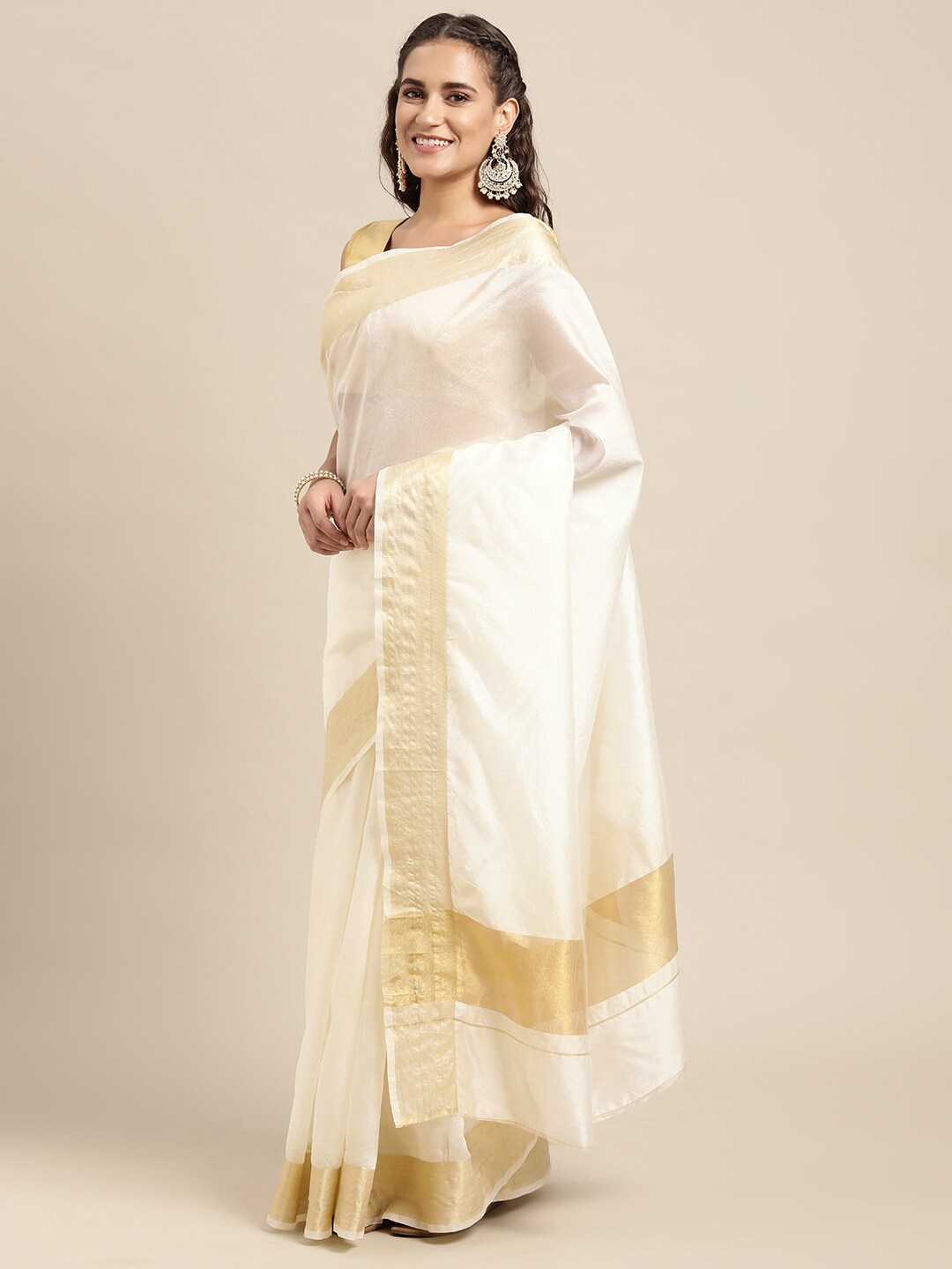 

Leeza Store White & Golden Zari Kasavu Saree