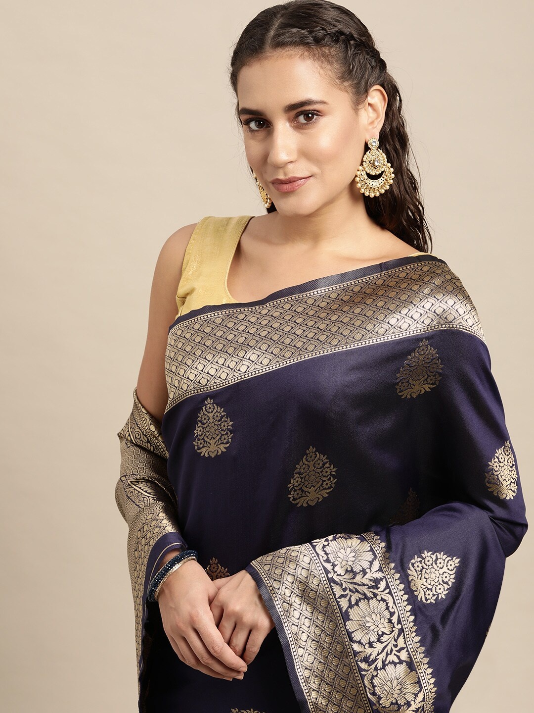 

Leeza Store Navy Blue & Golden Ethnic Motifs Zari Silk Blend Banarasi Saree