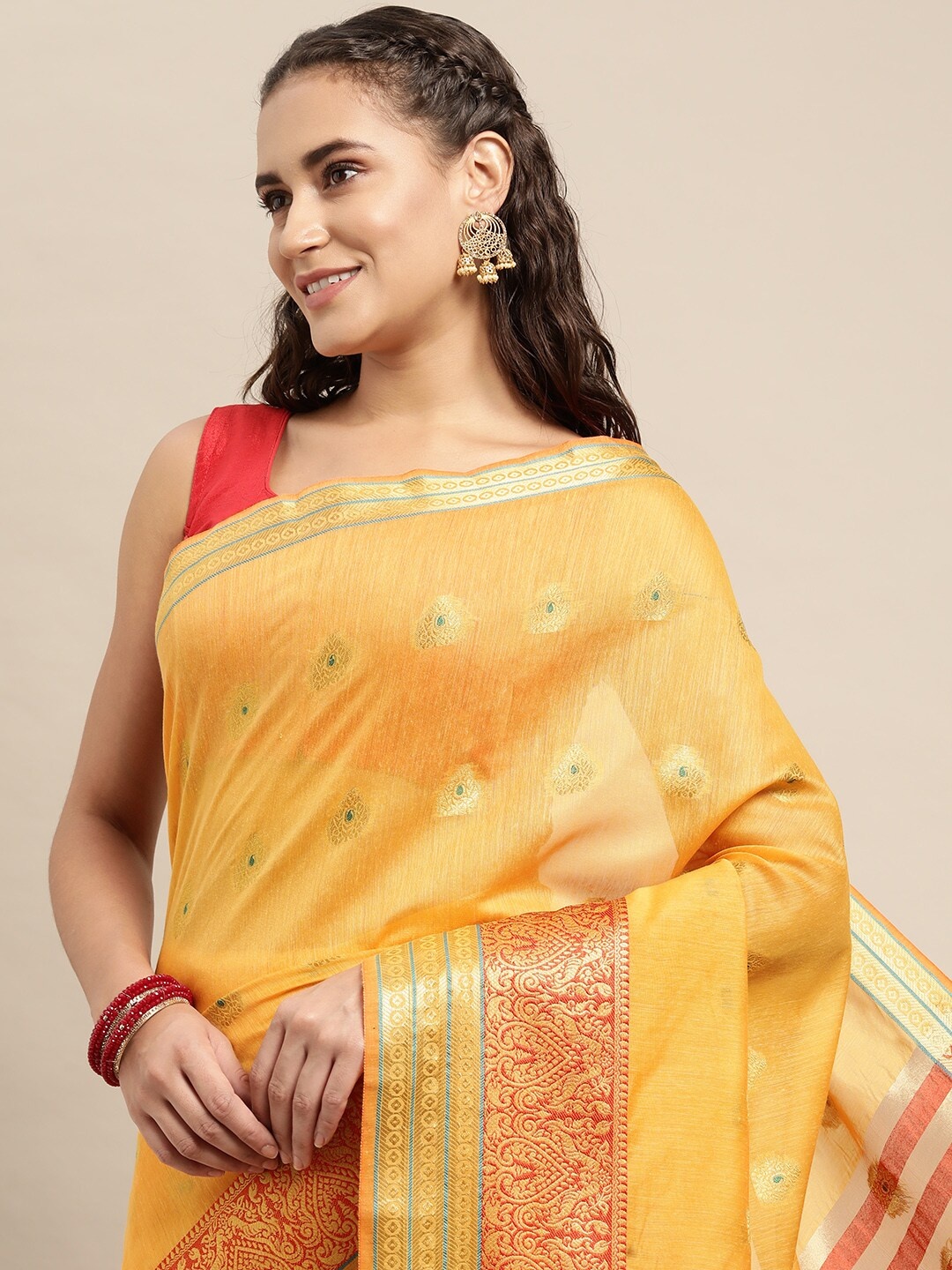 

Leeza Store Mustard Yellow Ethnic Motifs Zari Maheshwari Saree