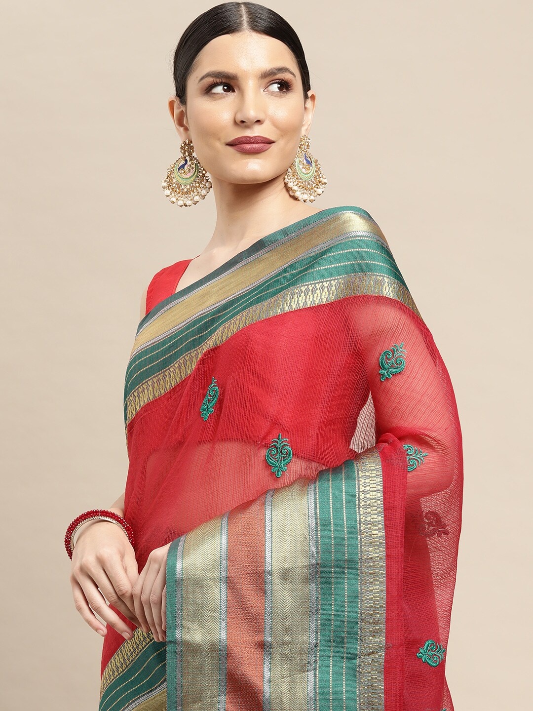 

Leeza Store Red & Blue Ethnic Motifs Zari Kota Saree