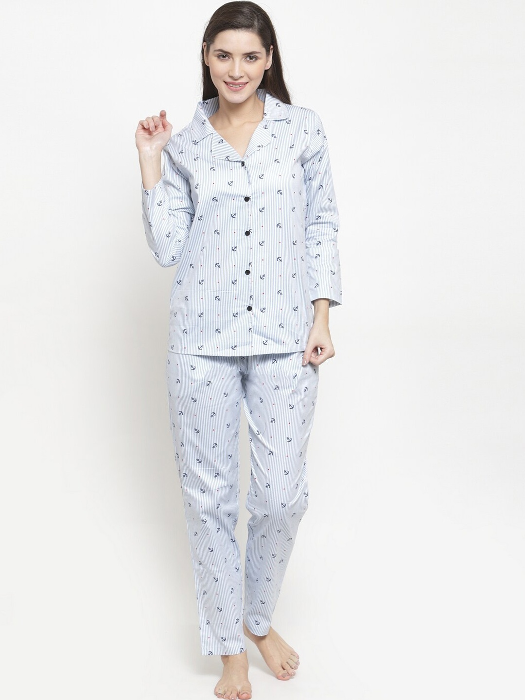 

Claura Women Blue & White Printed Pure Cotton Night suit