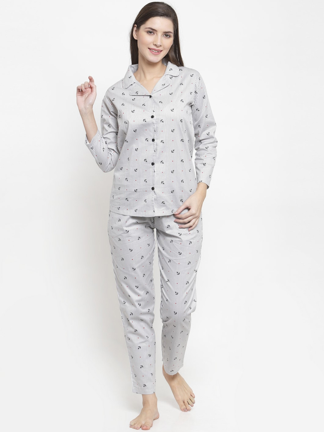 

Claura Women White & Black Striped Pure Cotton Night suit