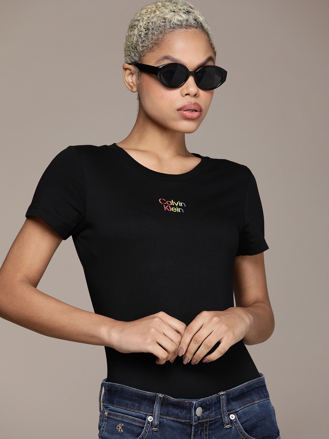 

Calvin Klein Jeans Women Black Brand Logo Printed Pure Cotton Casual T-shirt