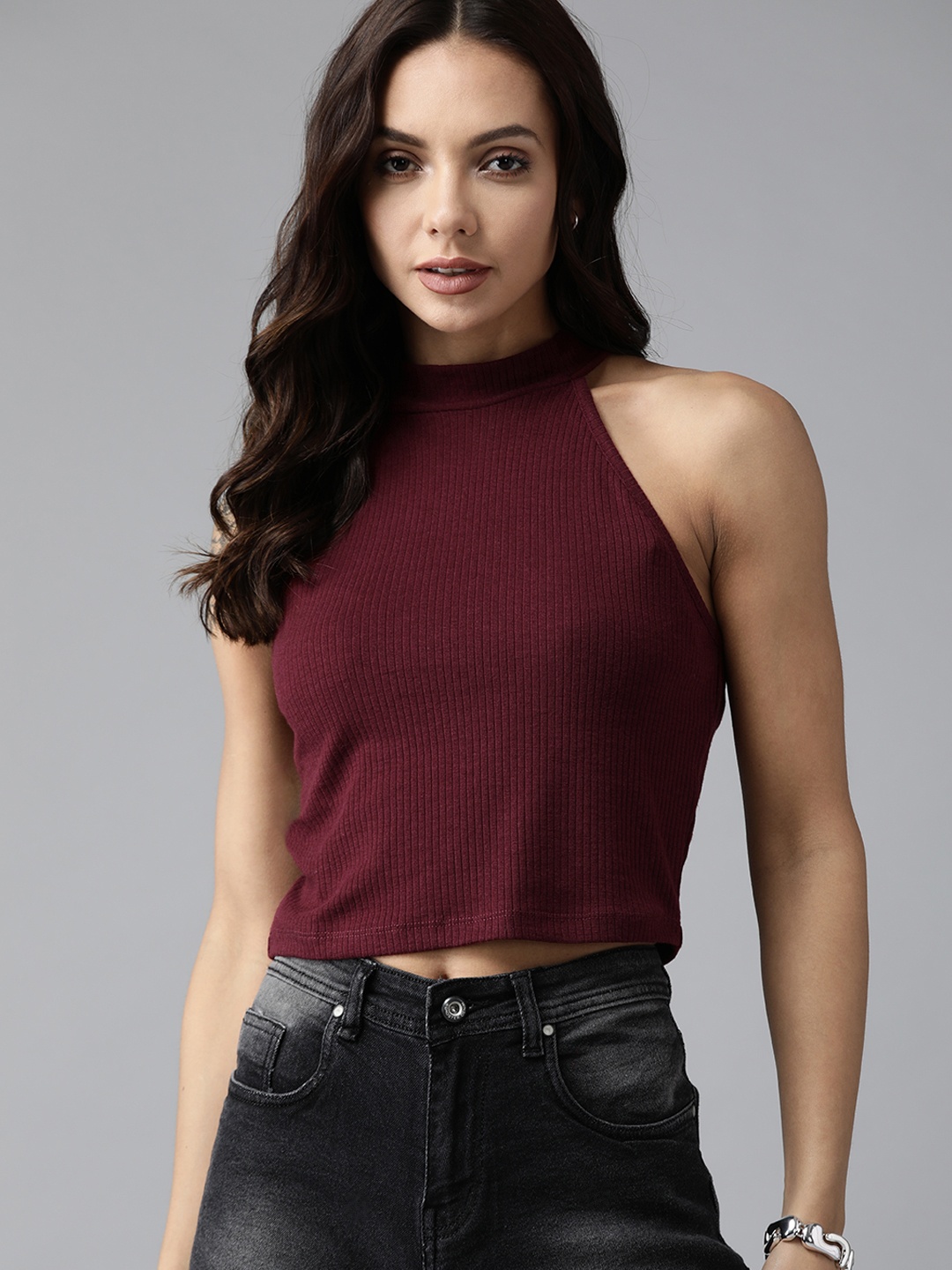 

Roadster Women Burgundy Ribbed Crop Top