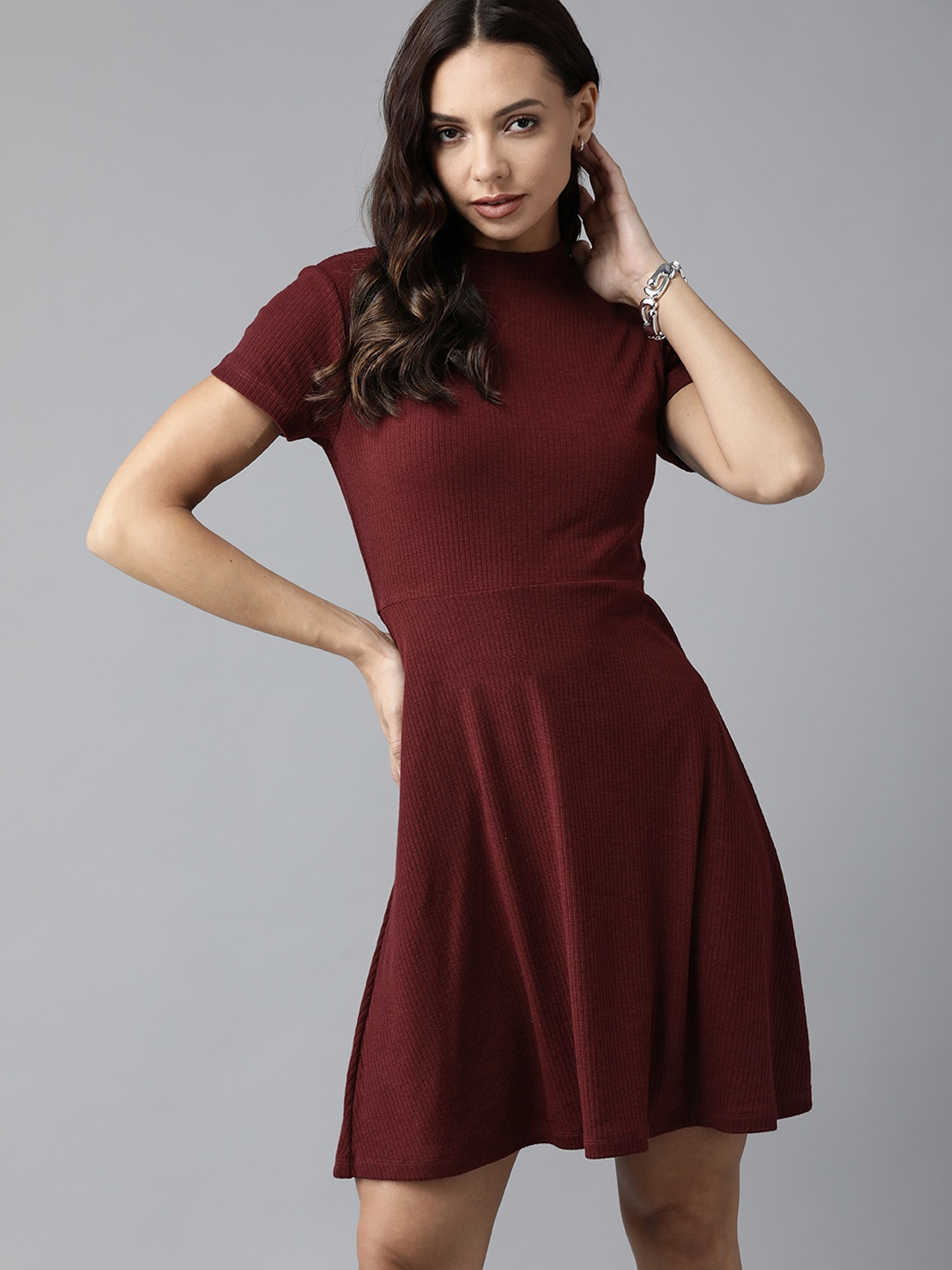 

Roadster Women Burgundy Ribbed A-Line Dress