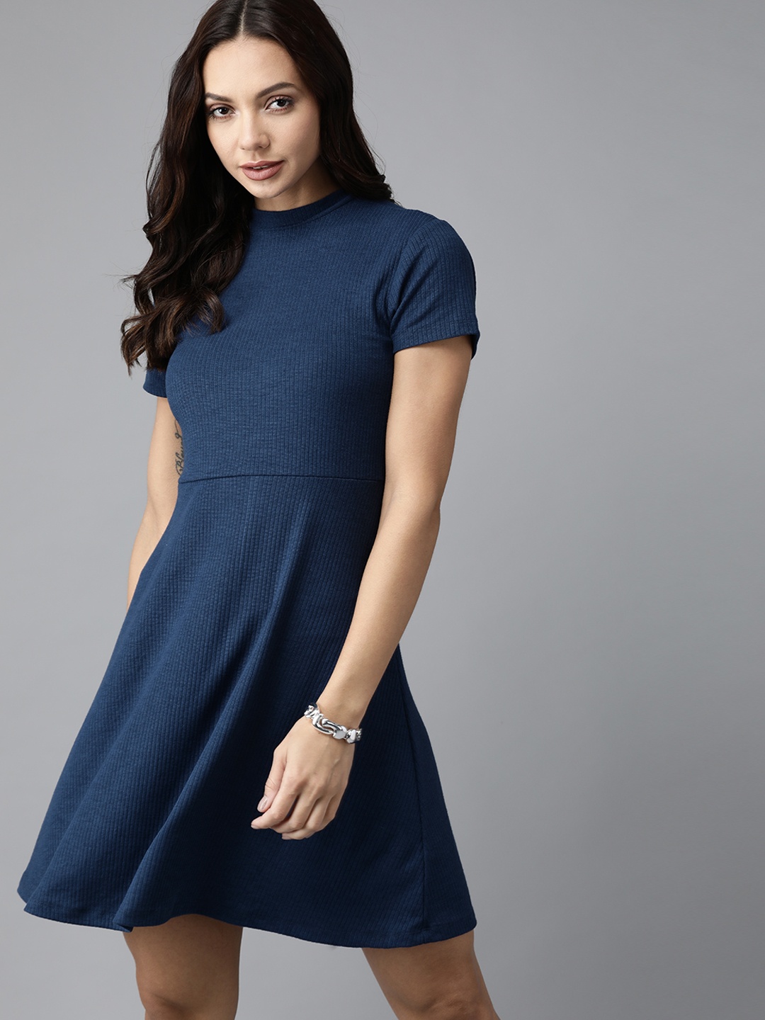 

Roadster Women Navy Blue Ribbed A-Line Dress