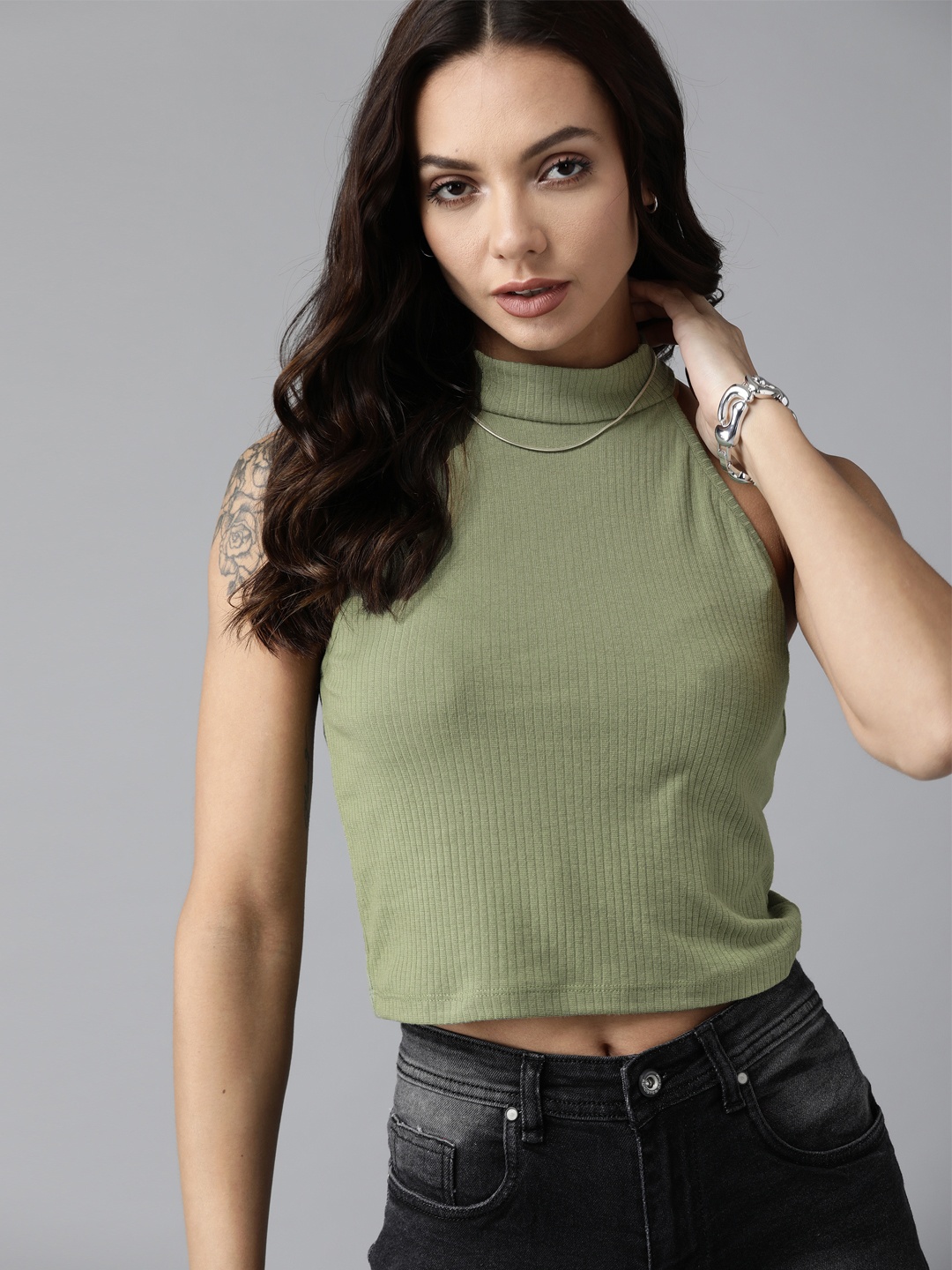 

Roadster Women Olive Green Ribbed Crop Top