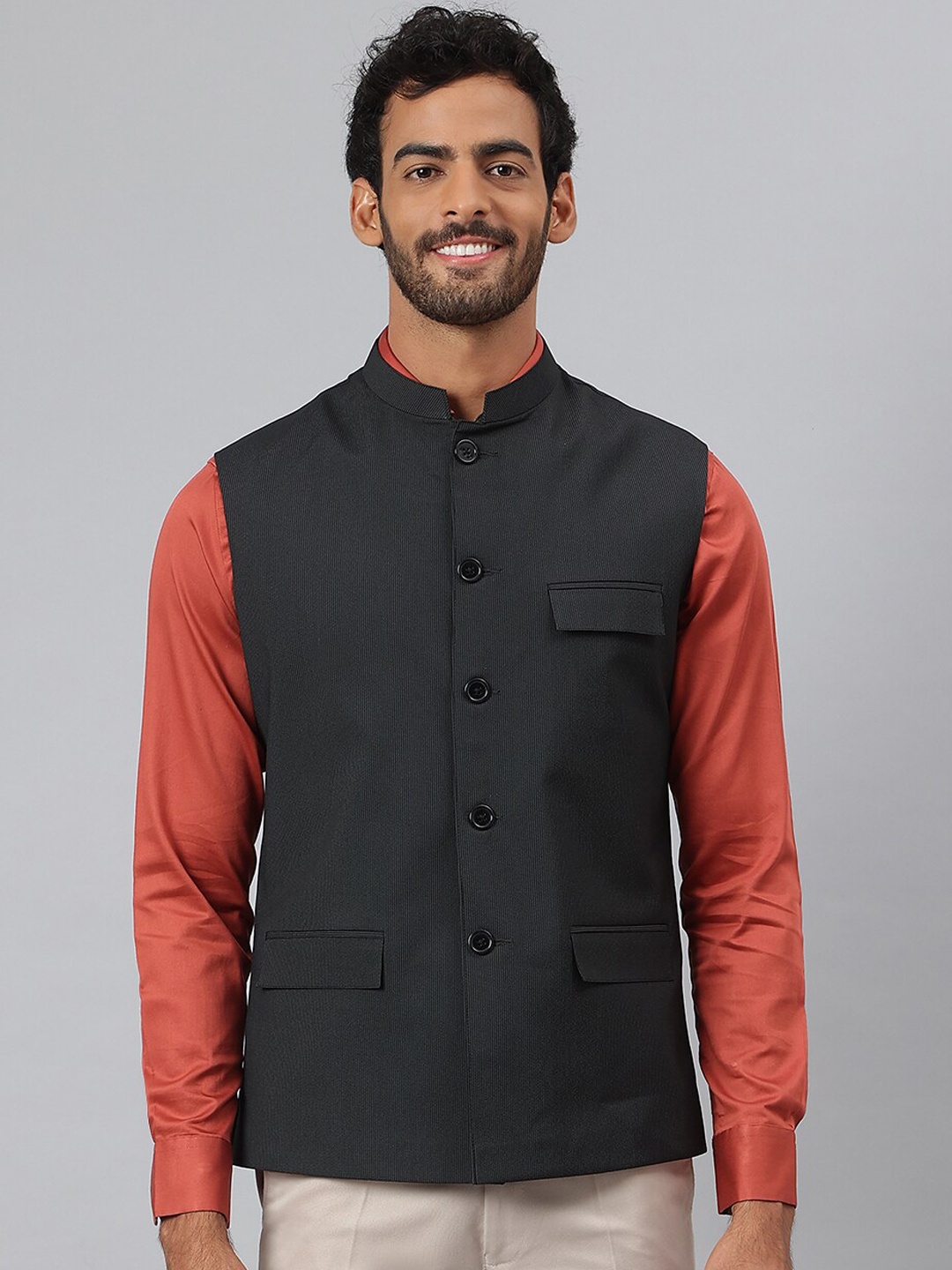 

MR BUTTON Men Black Striped Woven Nehru Jacket