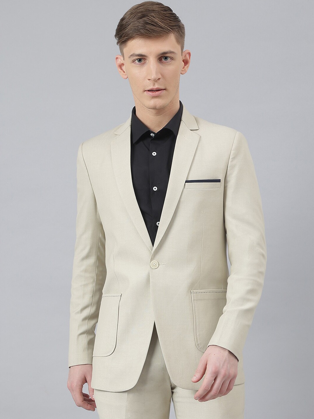 

MR BUTTON Men Beige Solid Slim Fit Single-Breasted Blazer