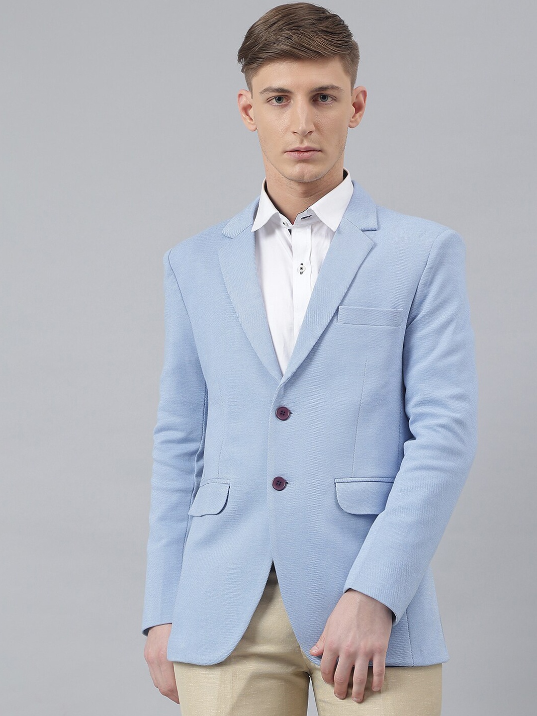 

MR BUTTON Men Blue Solid Slim-Fit Single Breasted Pure Cotton Formal Blazer