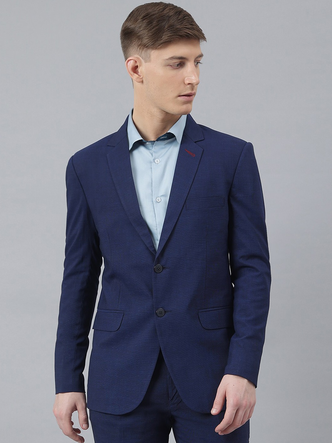 

MR BUTTON Men Blue Solid Single-Breasted Slim Fit Casual Blazer