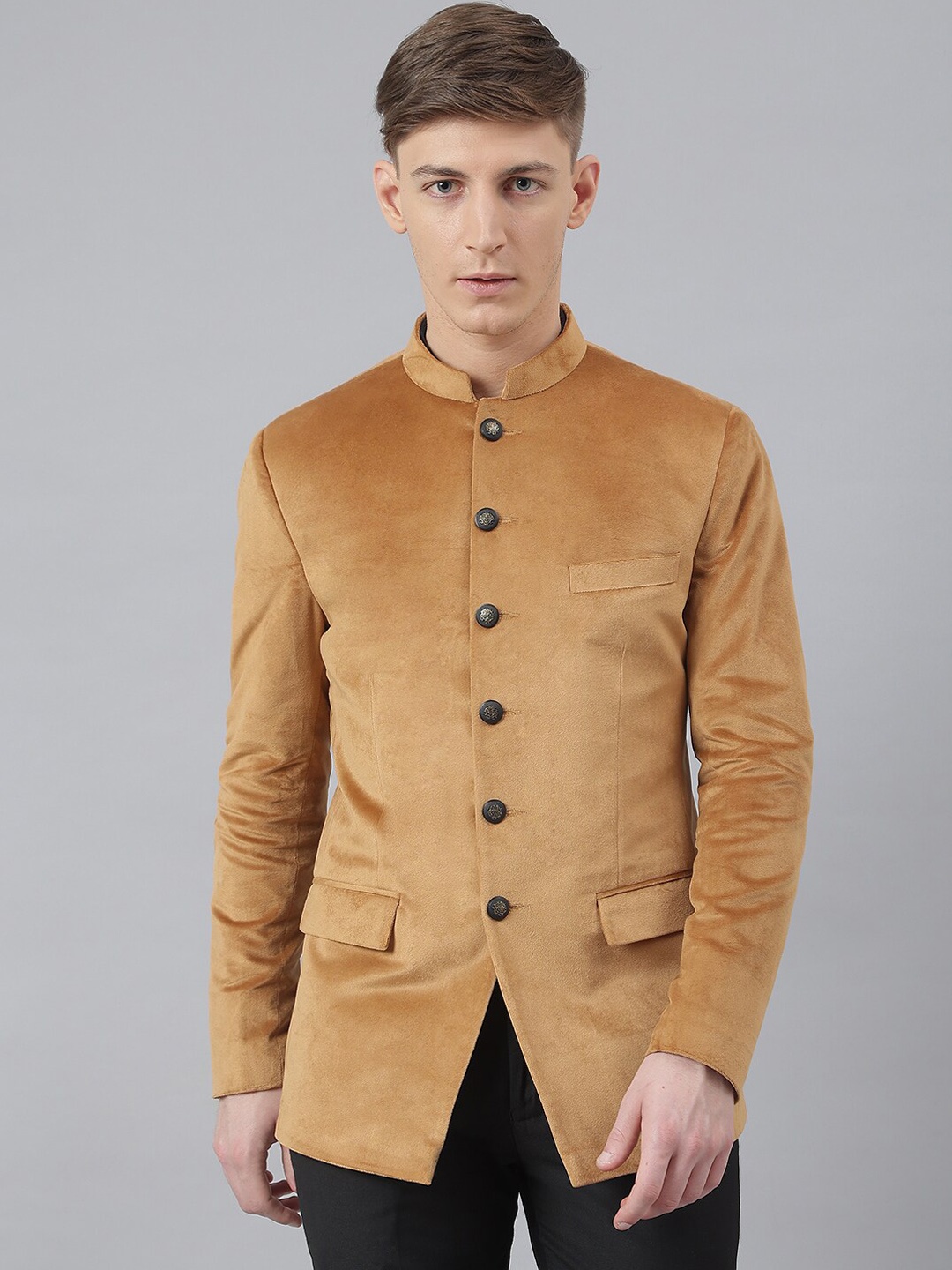 

MR BUTTON Men Yellow Solid Velvet Bandhgala Blazers