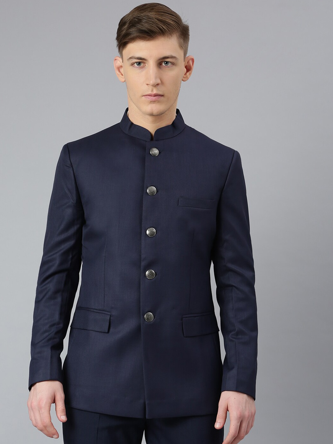 

MR BUTTON Men Blue Solid Slim Fit Bandhgala Blazer