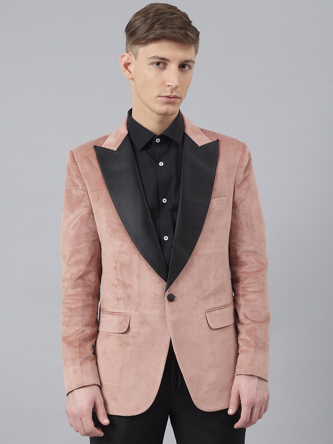

MR BUTTON Men Pink & Black Solid Slim-Fit Single Breasted Casual Blazer