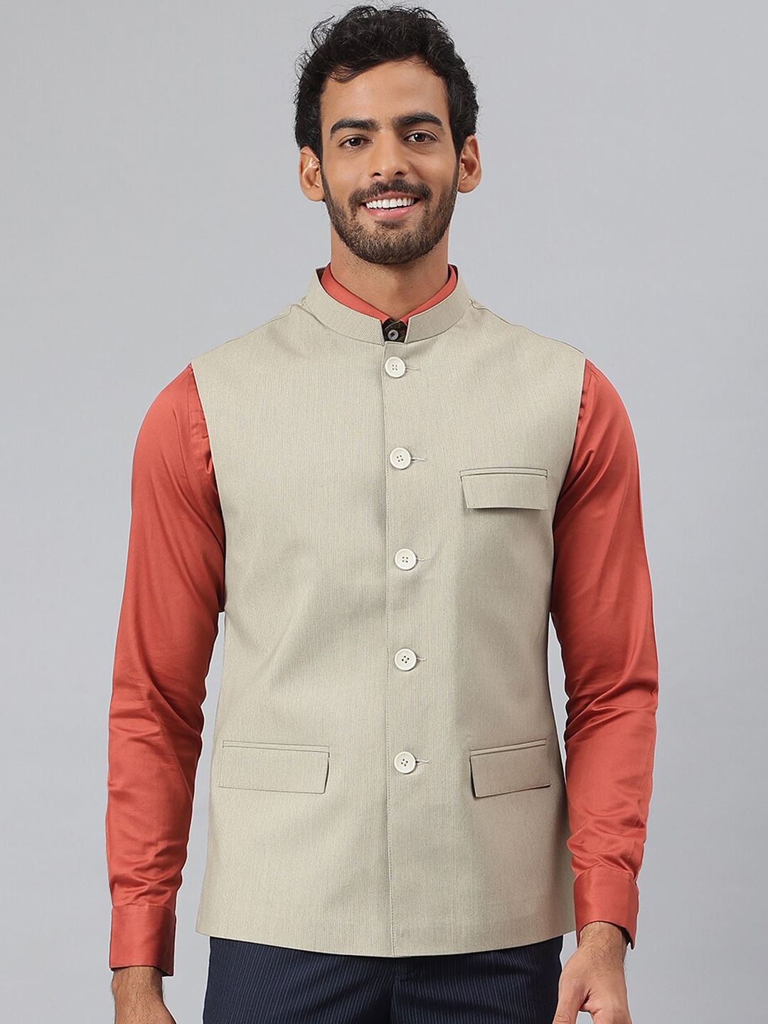 

MR BUTTON Men Beige Striped Nehru Jacket