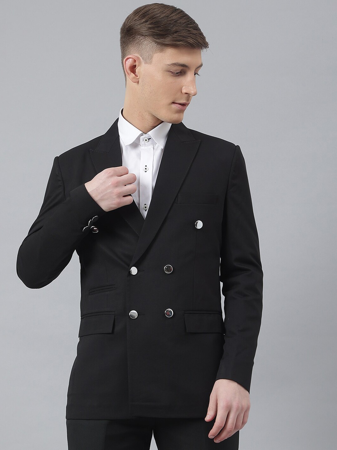 

MR BUTTON Men Black Solid Slim-Fit Single Breasted Blazer
