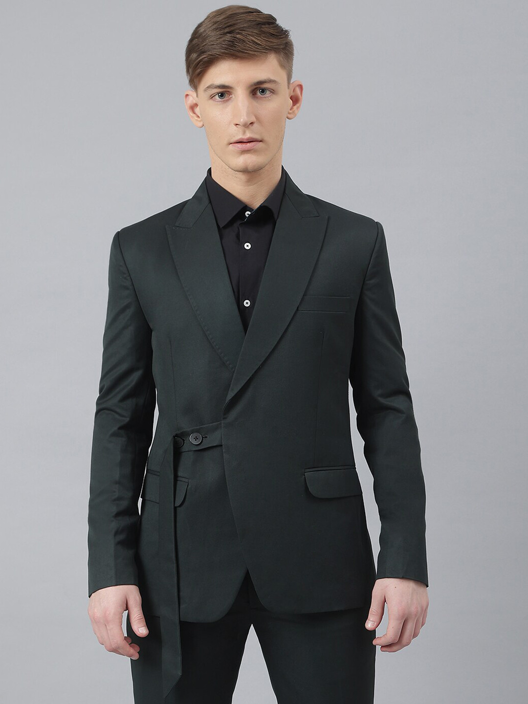 

MR BUTTON Men Green Solid Single-Breasted Casual Blazer