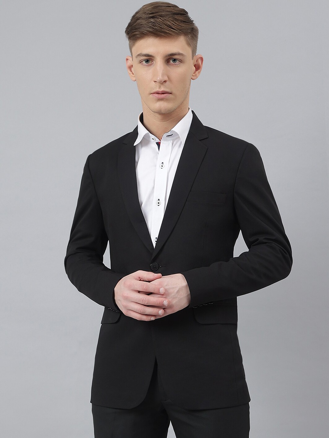 

MR BUTTON Men Black Solid Slim-Fit Single-Breasted Formal Blazer