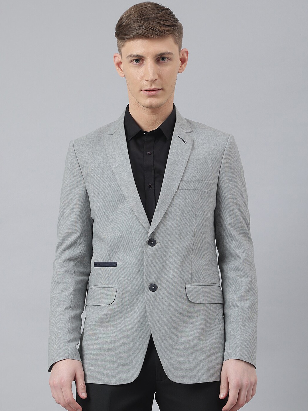 

MR BUTTON Men Grey Solid Slim Fit Single Breasted Formal Blazer