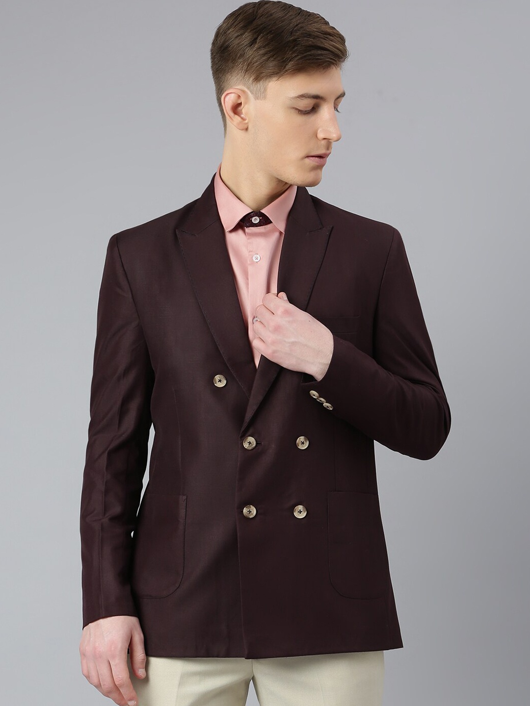 

MR BUTTON Men Burgundy Solid Slim Fit Double Breasted Blazer