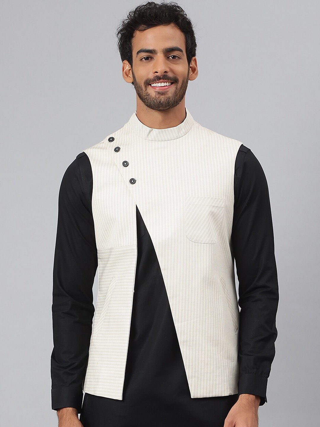 

MR BUTTON Men Beige Printed Woven Nehru Jacket