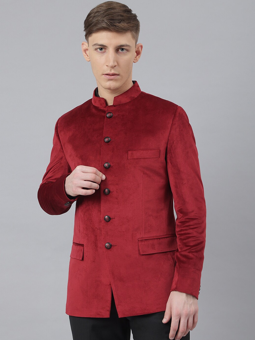 

MR BUTTON Men Maroon Solid Slim-Fit Single Breasted Ethnic Blazer