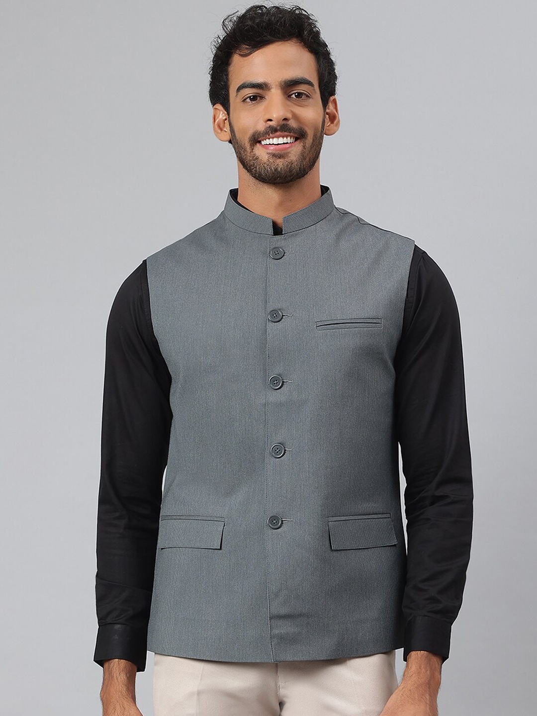 

MR BUTTON Men Grey Striped Woven Nehru Jacket