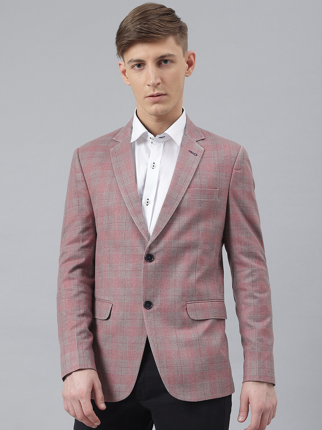 

MR BUTTON Men Pink Checked Slim-Fit Single Breasted Formal Blazer