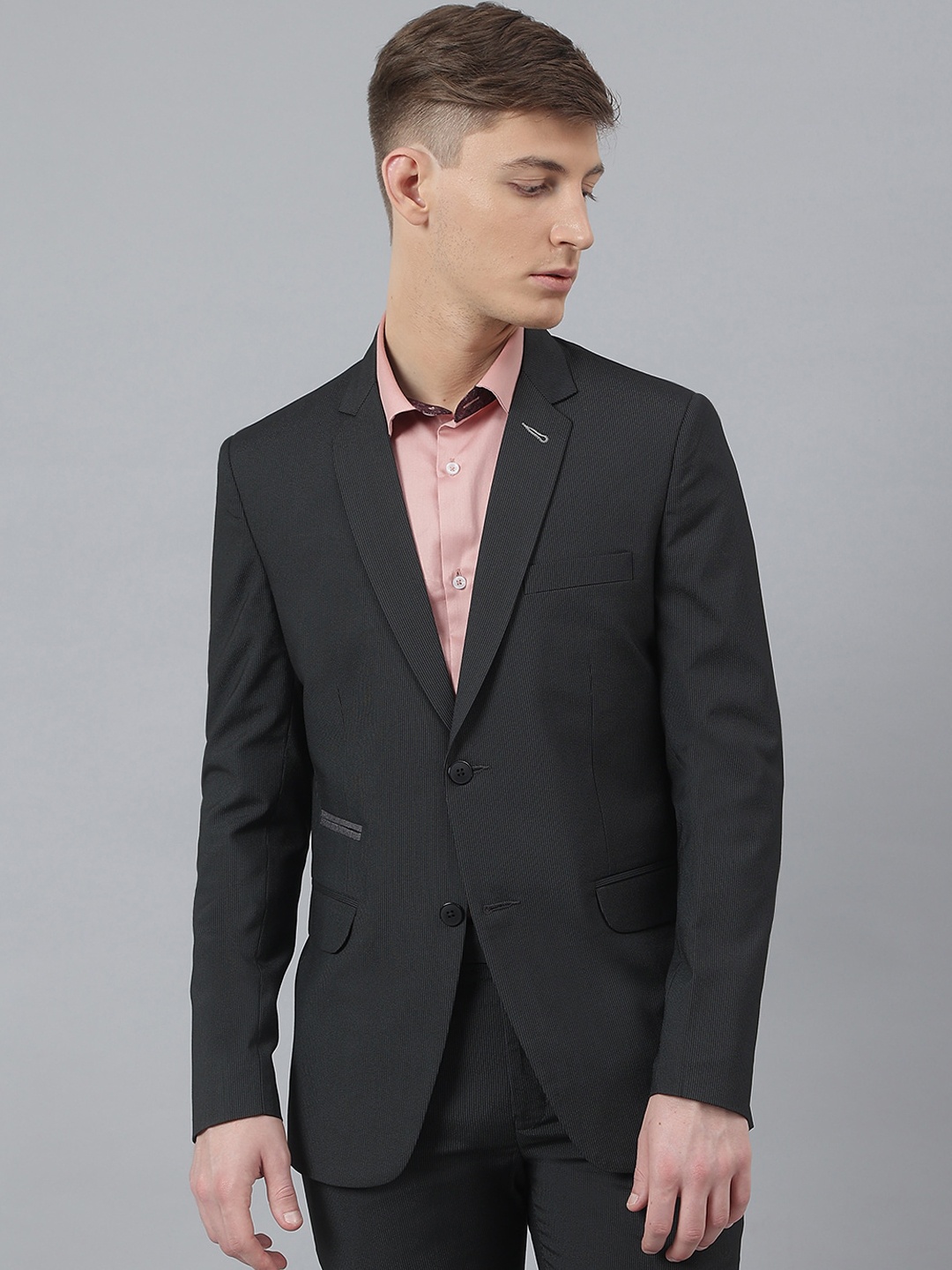 

MR BUTTON Men Black Striped Single Breasted Slim Fit Blazer