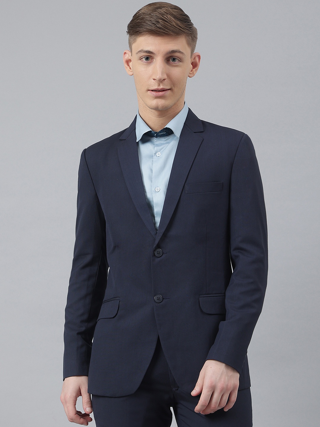 

MR BUTTON Men Navy Blue Solid Slim Fit Single Breasted Blazer