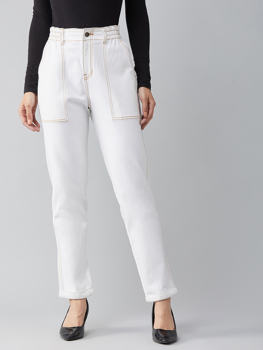 

DOLCE CRUDO Women White High-Rise Stretchable Mom Fit Jeans