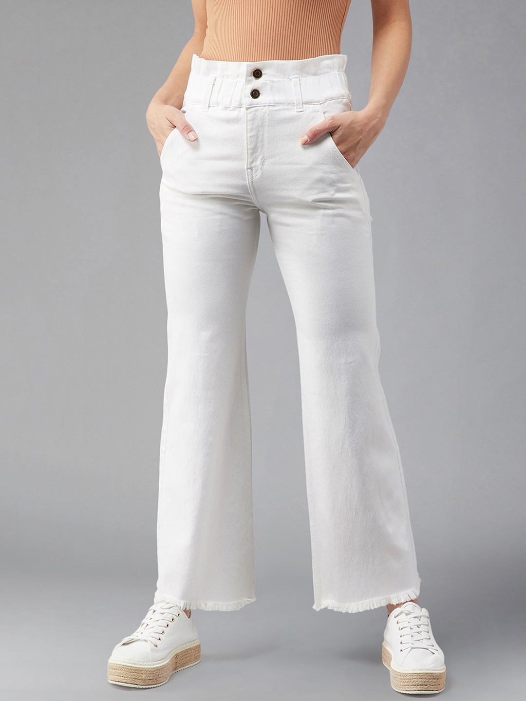 

DOLCE CRUDO Women White Flared High-Rise Stretchable Jeans