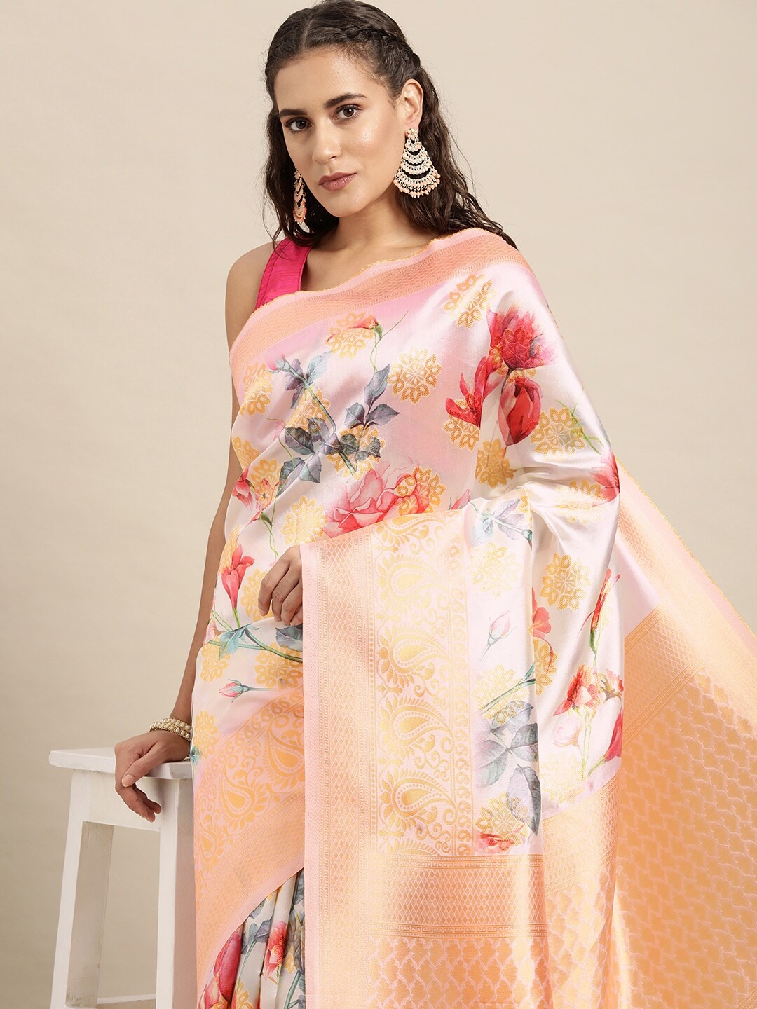 

Leeza Store Pink & Red Woven Design Zari Saree