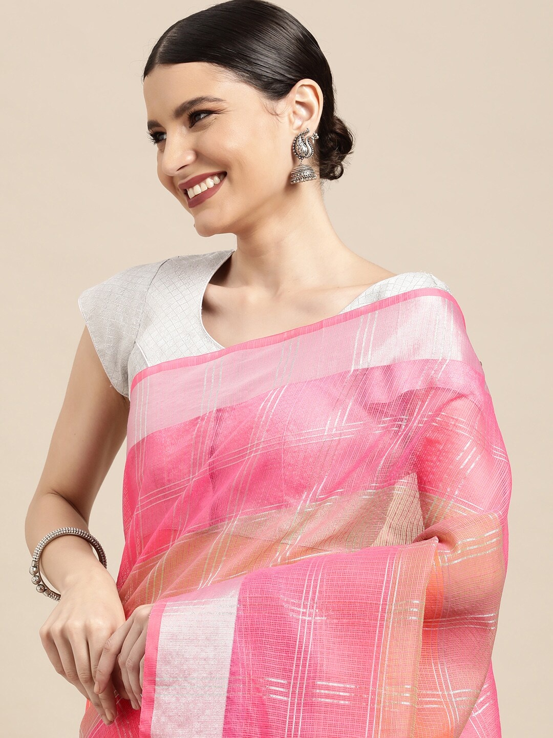 

Leeza Store Pink & White Woven Design Zari Kota Saree