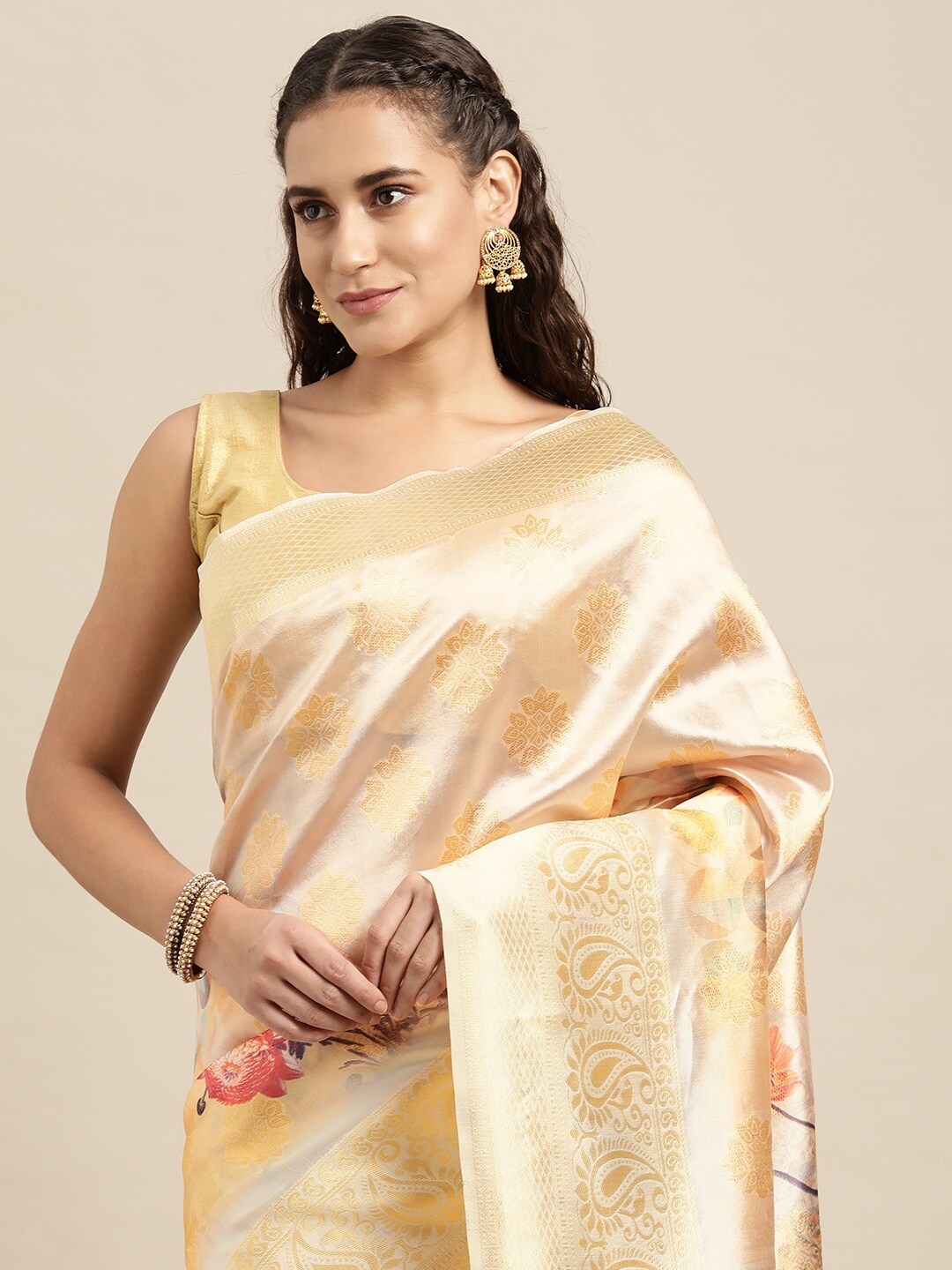 

Leeza Store Cream-Coloured & Purple Woven Design Zari Saree