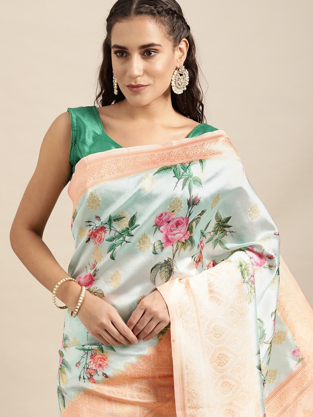 

Leeza Store Green & Golden Floral Cotton Blend Saree