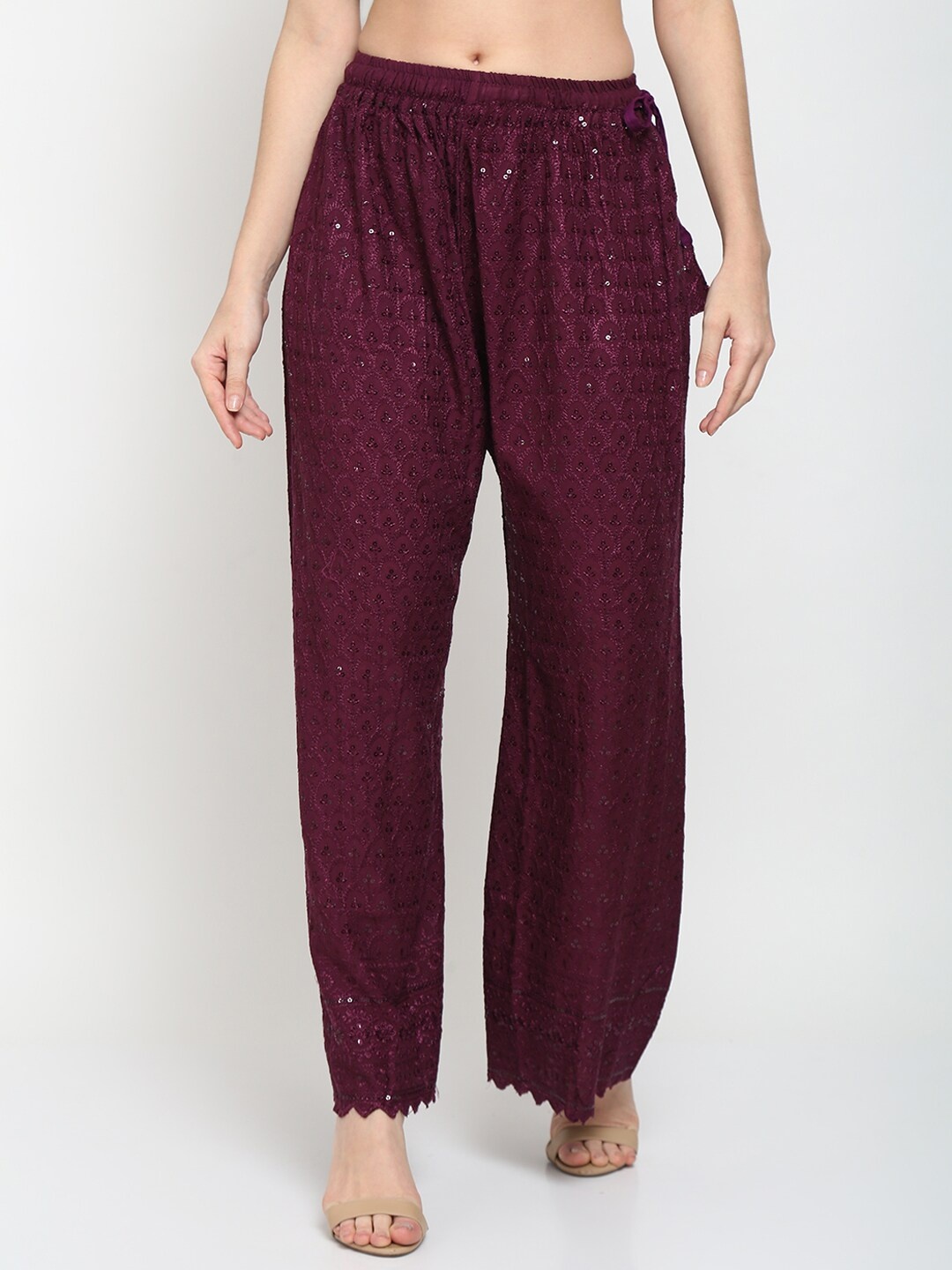 

TAG 7 Women Purple Ethnic Motifs Embellished Sequined Flared Ethnic Palazzos