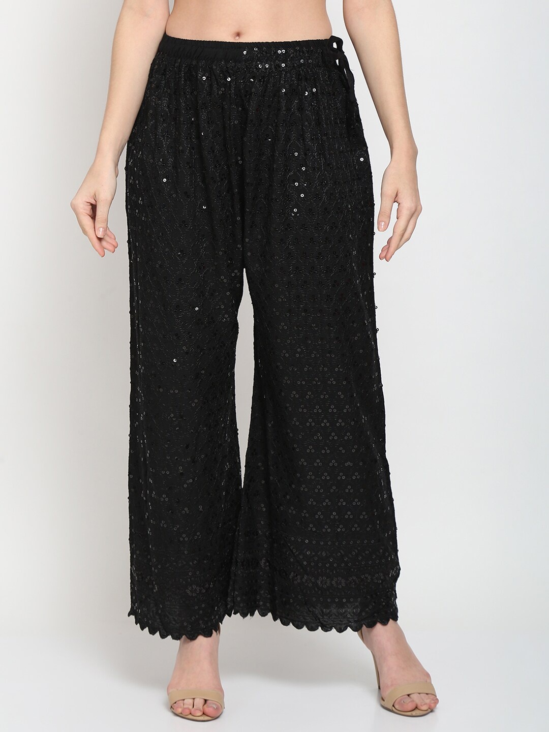 

TAG 7 Women Black Ethnic Motifs Embroidered Sequin Flared Ethnic Palazzos