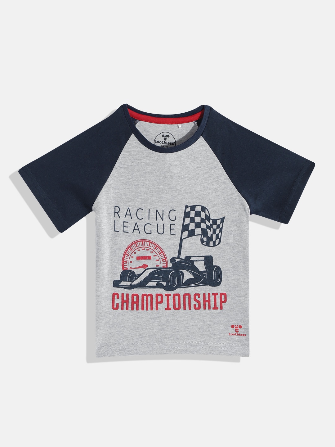 

toothless Boys Grey Melange & Navy Blue Printed Pure Cotton T-shirt